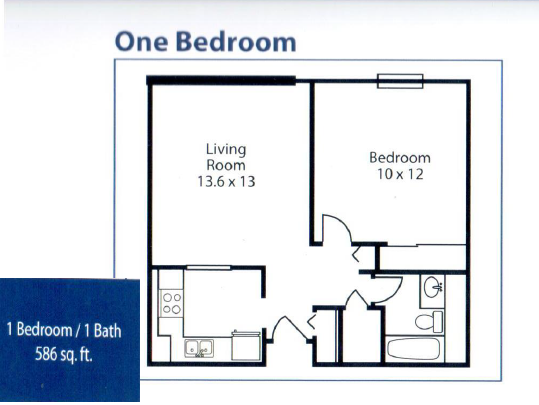 Floor plan for 1 bed, 1 bath, 586 sqft